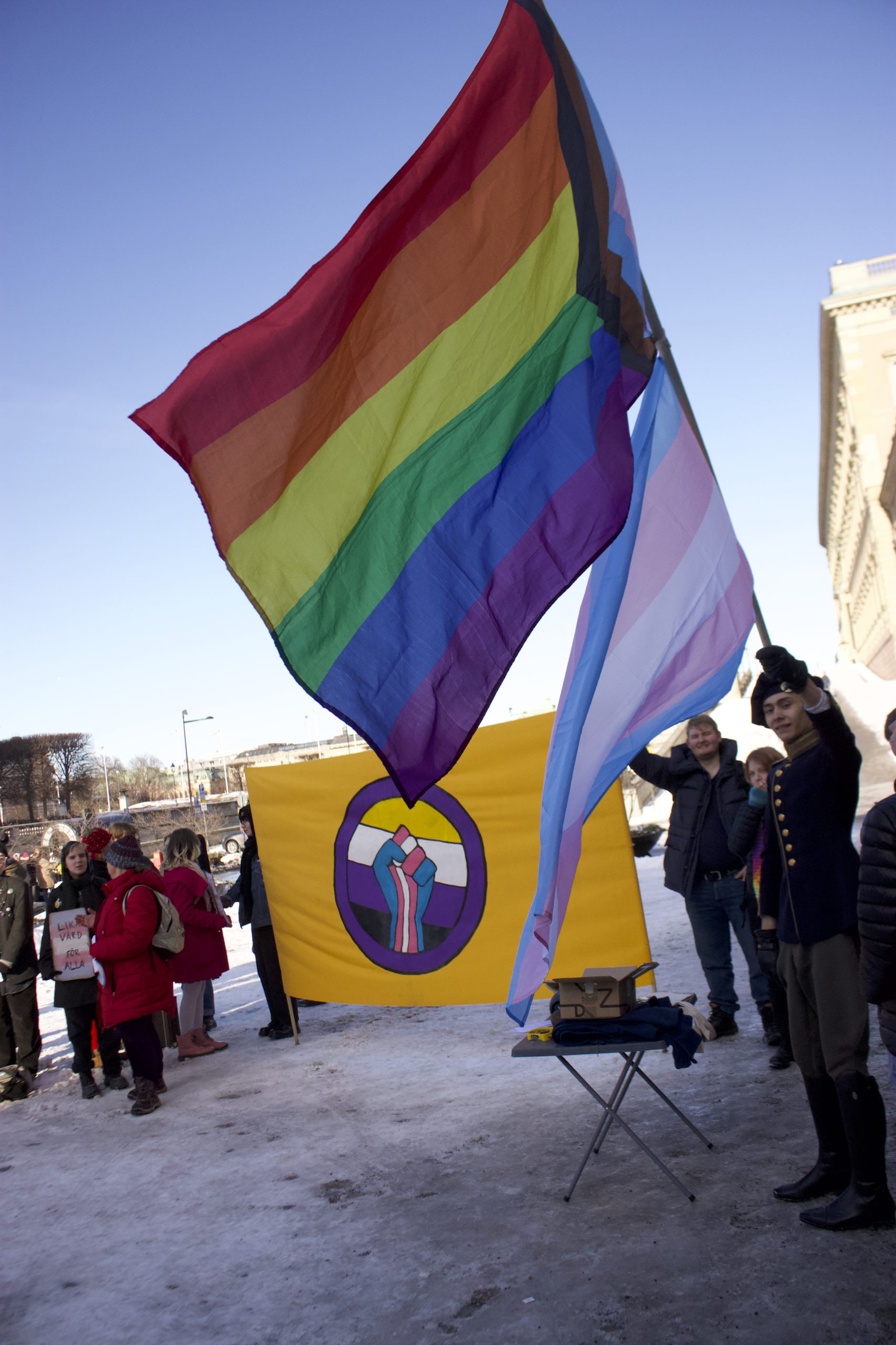 Photography of a person holding the rainbow flag and the trans flag up. In the background there is a big intersex flag; in the purple circle of that flag are a non-binary flag and a raised fist in the colors of the trans flag.